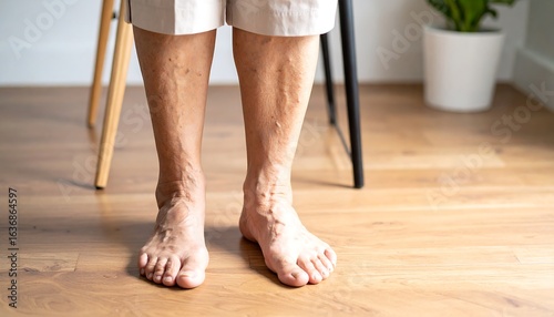Barefoot legs of an elderly person on hardwood floor