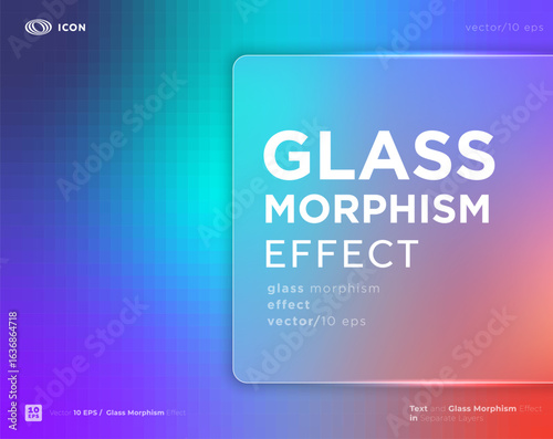 Poster in the glass morphism style. Translucent, frosted glass and background with pixelated texture. Place for your text.