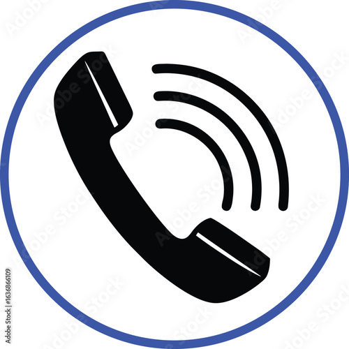 Black Telephone Handset Icon with Sound Waves Inside a Blue Circle call calling