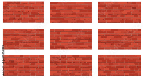 Nine red brick wall sections arranged in a grid on transparent background