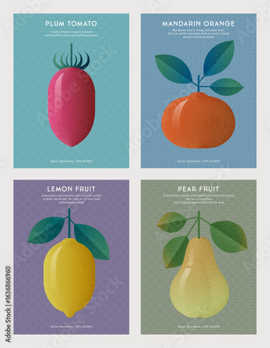 A set of Posters with fruits and leaves on seamless pattern  background. Illustration with grain and noise texture. Posters for Food, adv offresh  market, label and packaging.