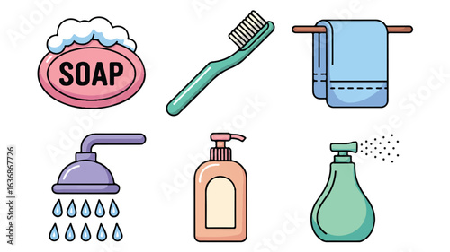 Hygiene and Personal Care Items Illustration for Bathroom Decor and Wellness Products Marketing Materials Fresh and Clean Bathroom Elements