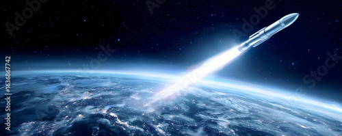 A futuristic silver rocket launching into space, flying high above planet earth with a fiery exhaust trail into the starry galaxy