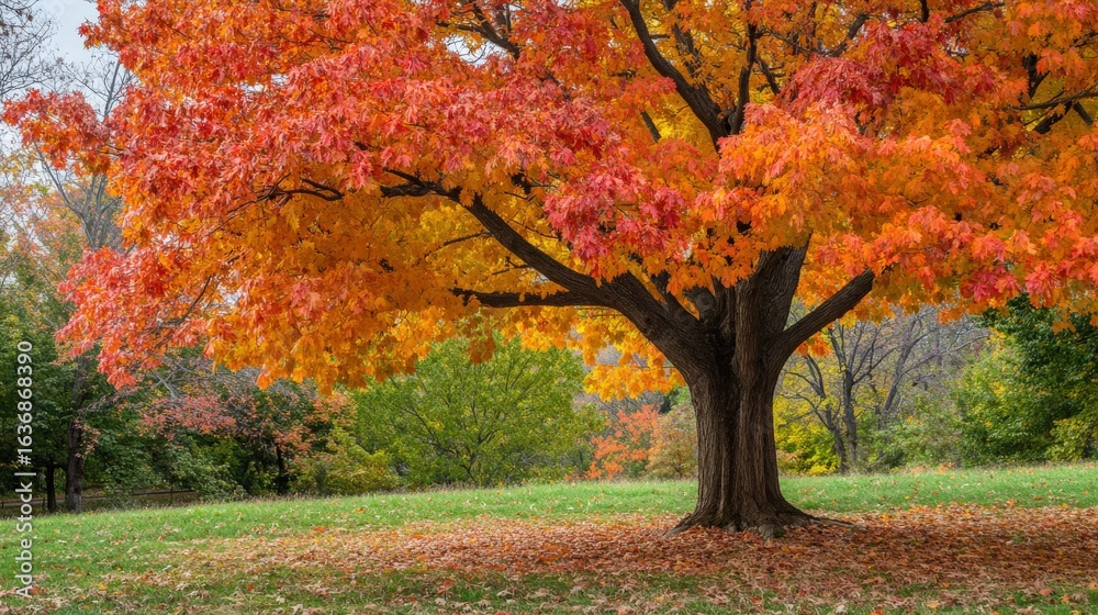 Naklejka premium Vibrant autumn foliage blankets a majestic tree.