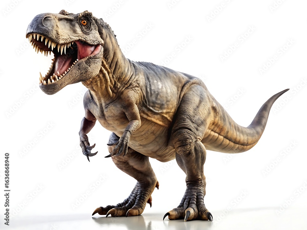 Obraz premium Tyrannosaurus rex roaring isolated on white background, a ferocious predator from the jurassic era