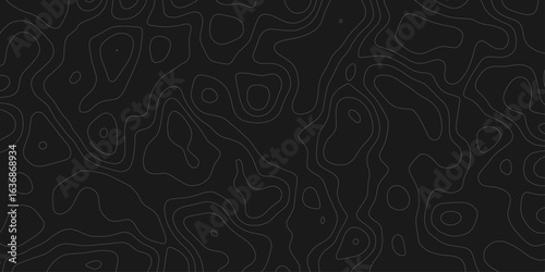 Topographic contour lines in monochrome creating  modern and minimal style, dark and abstract patterned background design element.