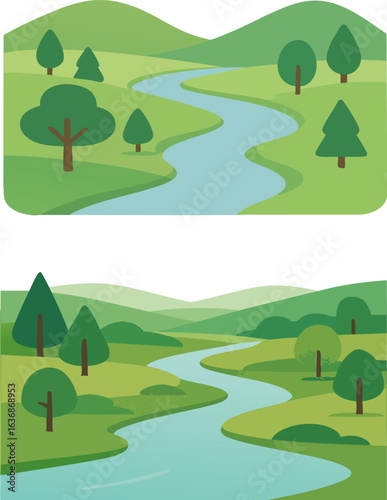 Cartoon Landscape with River and Trees.