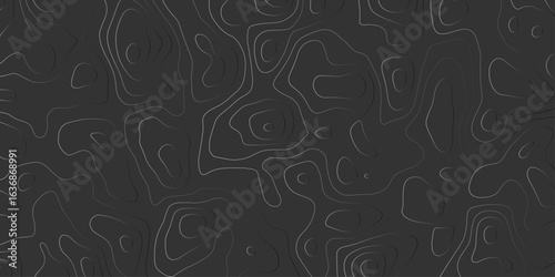 Black and White Contour Lines Topographic Map Design reflecting nature and geography, dark gray background.