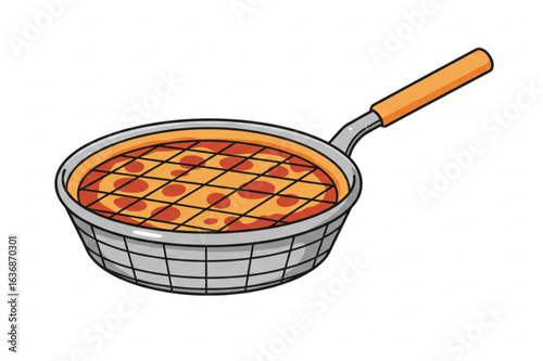 Delicious pizza in a frying pan with a grill pattern and orange handle, perfect for culinary themes