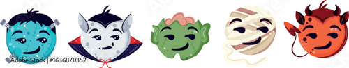 set of emoticons with Halloween characters, namely a mummy, devil, Frankenstein, zombie and vampire with a cunning facial expression, for social networks and various holiday designs