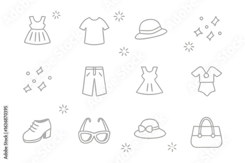 Fashion Icon Outlines: A set of delicate outlines representing a variety of clothing items and accessories, perfect for conveying concepts of style and self-expression.