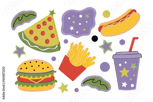 Feast of Delights: A cheerful arrangement of cartoon fast food, including pizza, burger, hotdog, fries, and a soda.