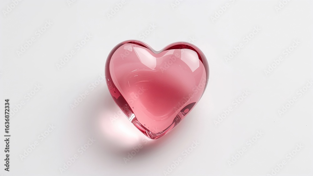 Fototapeta premium Pink Glass Heart on White Background. Symbol of Love, Romance, and Valentines Day