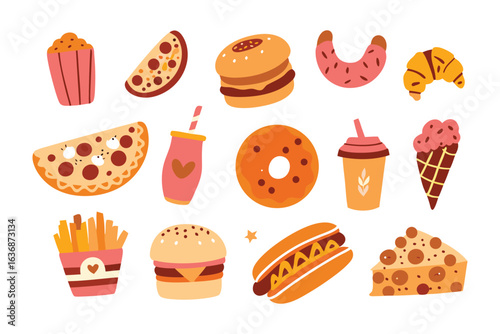 Assortment of Culinary Delights: a vibrant cartoon illustration showcasing a mouth-watering array of your favorite fast food classics. Each item is meticulously rendered, inviting indulgence.