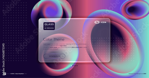 Vector image in the glass morphism style. Translucent plate, frosted glass and abstract rounded figures. Place for your text.