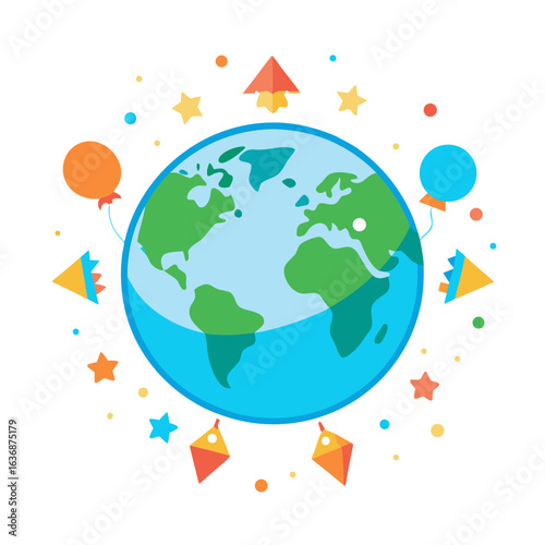 UNICEF Global Birthday Vector with Earth, Stars and Confetti

