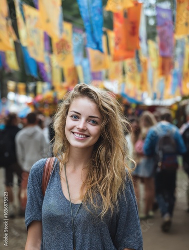 Wallpaper Mural smiling young woman at summer camp standing in front of colorful banners with other festival goers behind her shallow depth of field natural lighting Torontodigital.ca