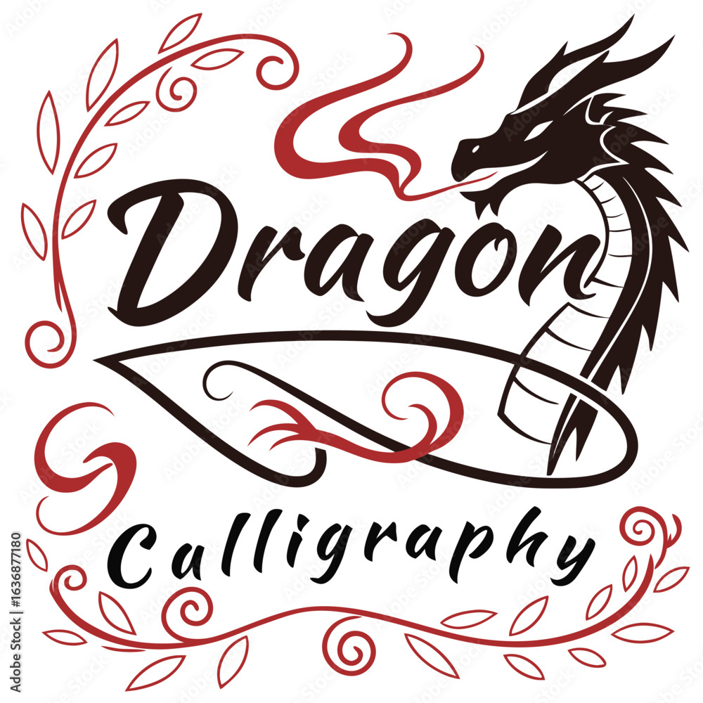 Fototapeta premium Dragon-inspired calligraphy letters with smoke and flame-like flourishes bold red and black palette fantasy tee design