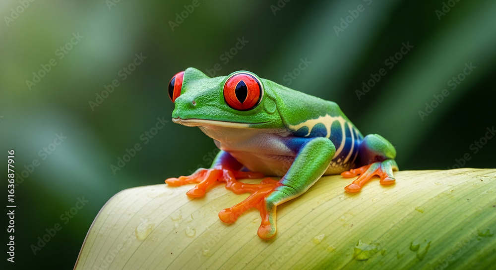 Naklejka premium Close-up of red-eyed tree frog on green leaf, showcasing vibrant colors and detailed texture, symbolizing rainforest wildlife and natural beauty