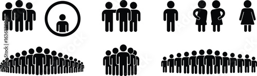Group silhouette icon set, people formation vector, social interaction clipart, demographic symbol graphics, community crowd illustrations