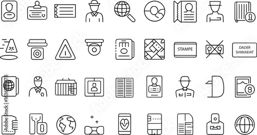 Security ID icon set, passport badge document symbols, travel safety vector, global access clipart, airport control graphics