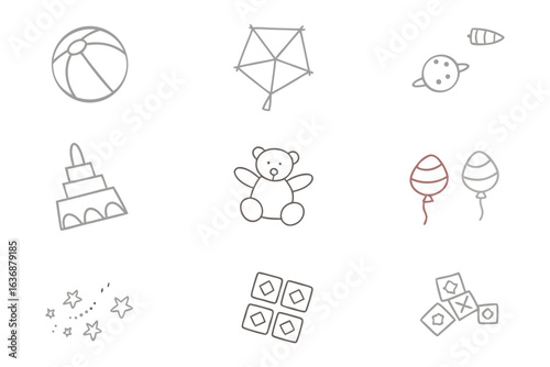 Playful Array of Joy: A charming assortment of line art illustrations showcasing the simple pleasures of childhood, each capturing a moment of innocent fun.