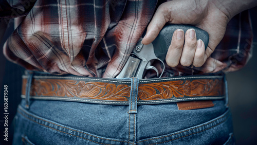 A cowboy is pulling a gun from his waistband to protect himself from enemies. A country cowboy man embodies the cowboy.