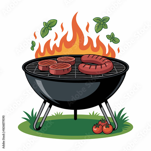 Delicious Grill with Burgers Sausage and Basil Illustration for Summer Cookouts and Outdoor Dining Experiences
