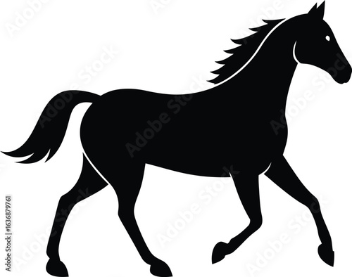 Black silhouette of a horse with flowing mane and tail in motion white animal