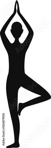 Black silhouette of a person in a yoga tree pose with hands clasped overhead vrikshasana