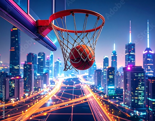 Basketball in urban city lights