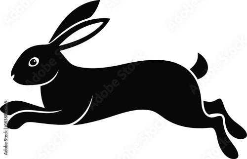 Black silhouette of a rabbit leaping forward with long ears and a short tail hare
