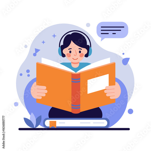 Young boy reading a book while listening to music with headphones  