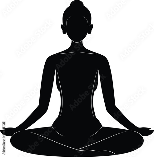 Black silhouette of a woman in a yoga pose with white outline details meditation female