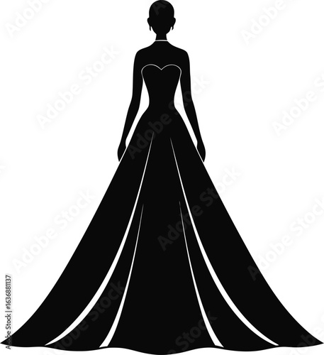 Black silhouette of a woman in a long elegant ball gown with a sweetheart neckline