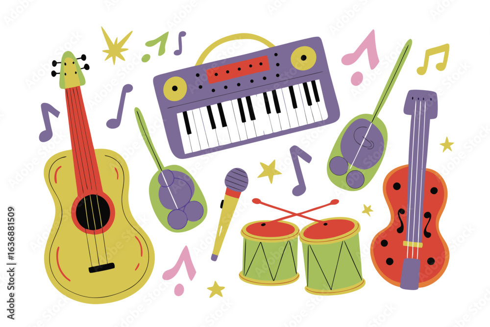 Obraz premium Musical Instruments Illustration: A vibrant illustration showcasing a diverse collection of musical instruments, including a guitar, keyboard, drums, and violin, ideal for musical concepts.