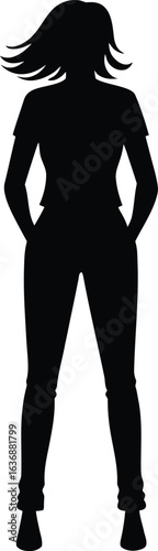 Black silhouette of a woman with windblown hair and hands in pockets female person