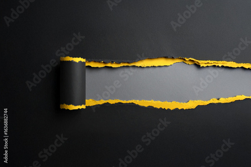 A creative and conceptual abstract background featuring a horizontal tear in a black paper surface, revealing vibrant yellow and textured gray layers underneath. The peeling paper adds a dynamic effec