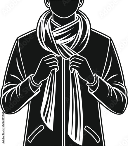 Person adjusting a black scarf around their neck and shoulders wearing a coat vector