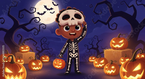 Dark-skinned boy becomes legendary samurai for Halloween, wielding glowing katana beneath rising-sun mask and crimson armor.
