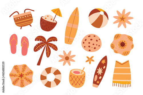 Beach items vector collection: A collection of whimsical beach items, including surfboards, coconuts with umbrellas, and other beach essentials, ideal for illustrating a fun summer getaway.