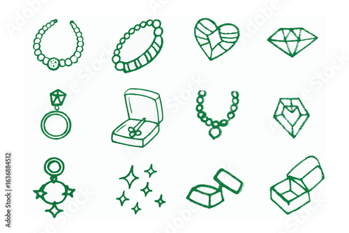 Jewelry Doodles: A charming assortment of hand-drawn jewelry elements, from necklaces and bracelets to sparkling gems and boxes, perfect for design and decorative purposes.