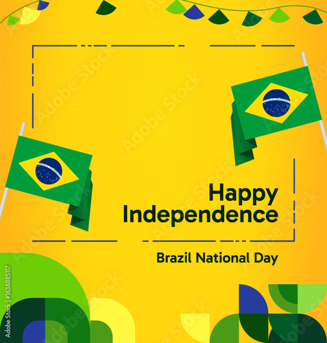 Brazil National Independence Day post template. Modern geometric abstract background in flag colors for Brazil Day, September 7th. Brazil Independence Day greeting card cover with flag and geometric