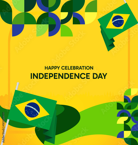 Brazil National Independence Day post template. Modern geometric abstract background in flag colors for Brazil Day, September 7th. Brazil Independence Day greeting card cover with flag and geometric