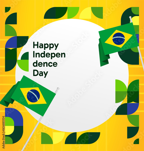 Brazil National Independence Day post template. Modern geometric abstract background in flag colors for Brazil Day, September 7th. Brazil Independence Day greeting card cover with flag and geometric