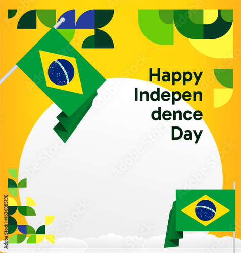 Brazil National Independence Day post template. Modern geometric abstract background in flag colors for Brazil Day, September 7th. Brazil Independence Day greeting card cover with flag and geometric