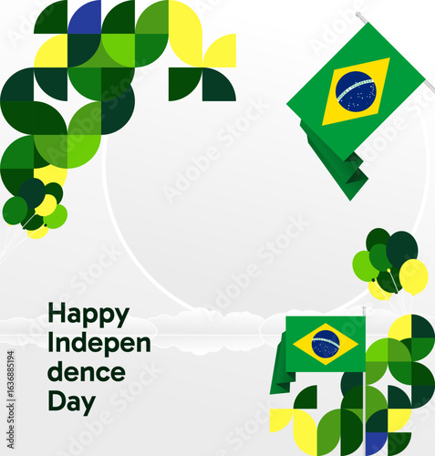 Brazil National Independence Day post template. Modern geometric abstract background in flag colors for Brazil Day, September 7th. Brazil Independence Day greeting card cover with flag and geometric