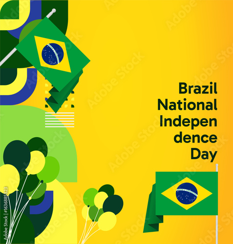 Brazil National Independence Day post template. Modern geometric abstract background in flag colors for Brazil Day, September 7th. Brazil Independence Day greeting card cover with flag and geometric