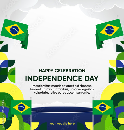 Brazil National Independence Day post template. Modern geometric abstract background in flag colors for Brazil Day, September 7th. Brazil Independence Day greeting card cover with flag and geometric