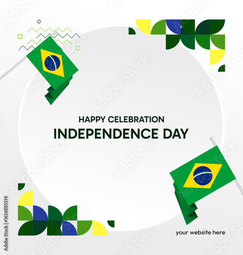Brazil National Independence Day post template. Modern geometric abstract background in flag colors for Brazil Day, September 7th. Brazil Independence Day greeting card cover with flag and geometric